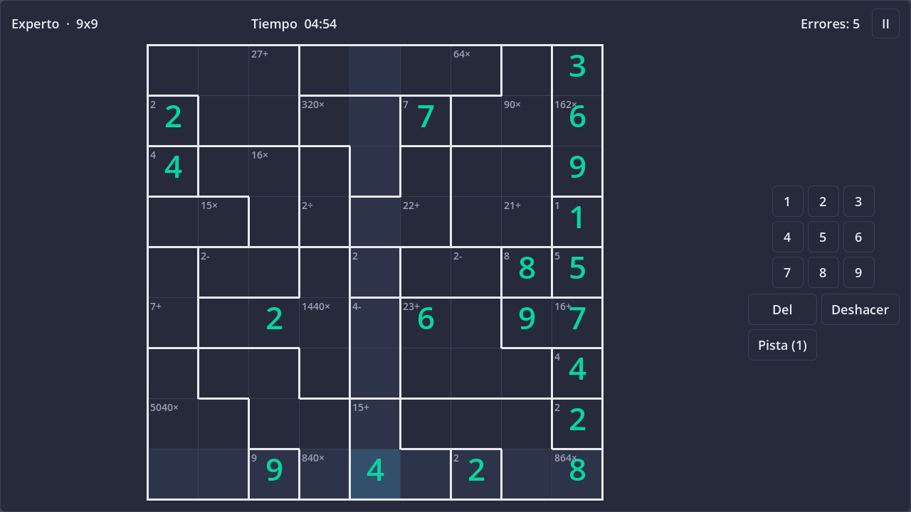 Screenshot of Calcudoku in dark theme