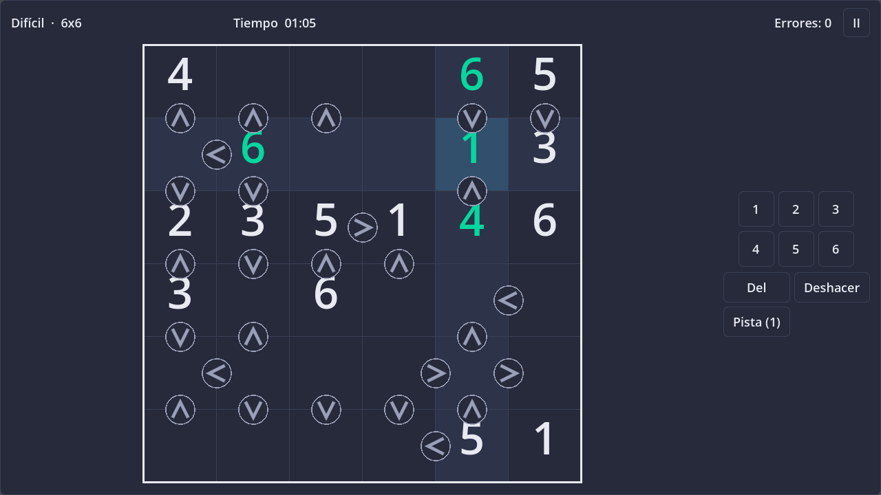 Screenshot of Futoshiki in dark theme