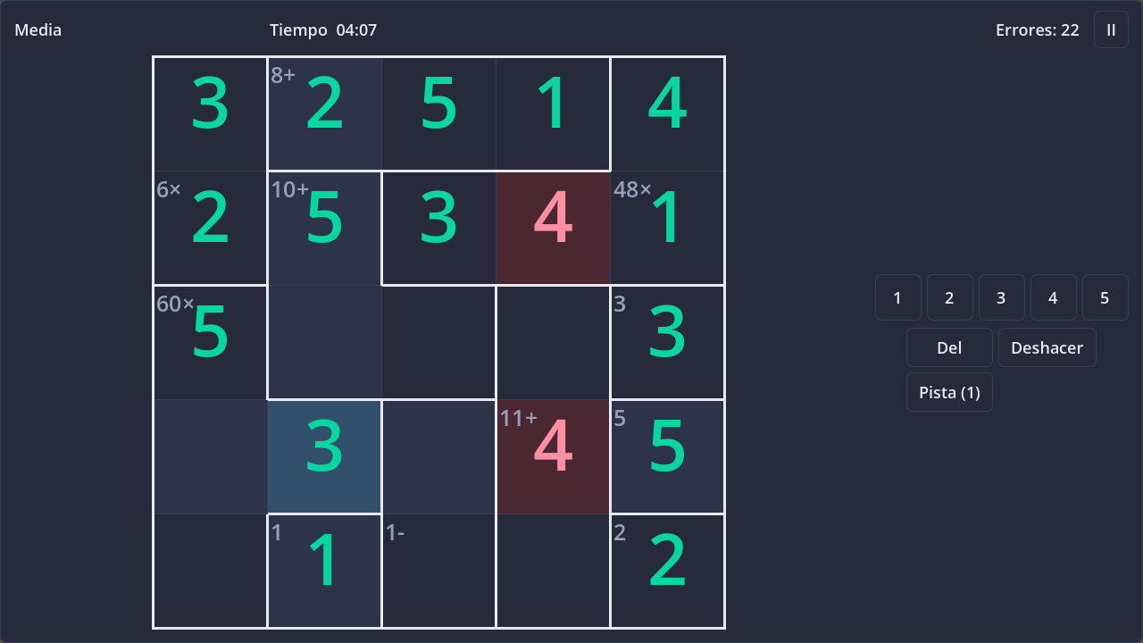 Screenshot of KenKen in dark theme