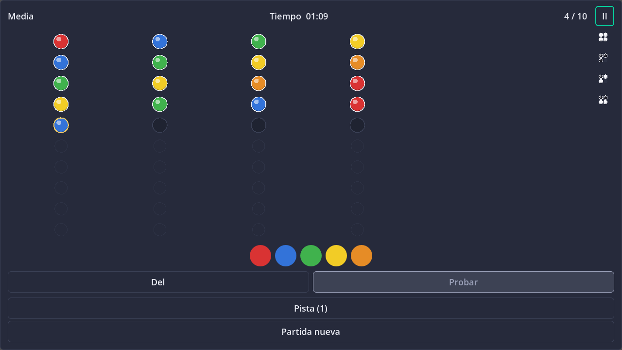 Screenshot of Mastermind in dark theme