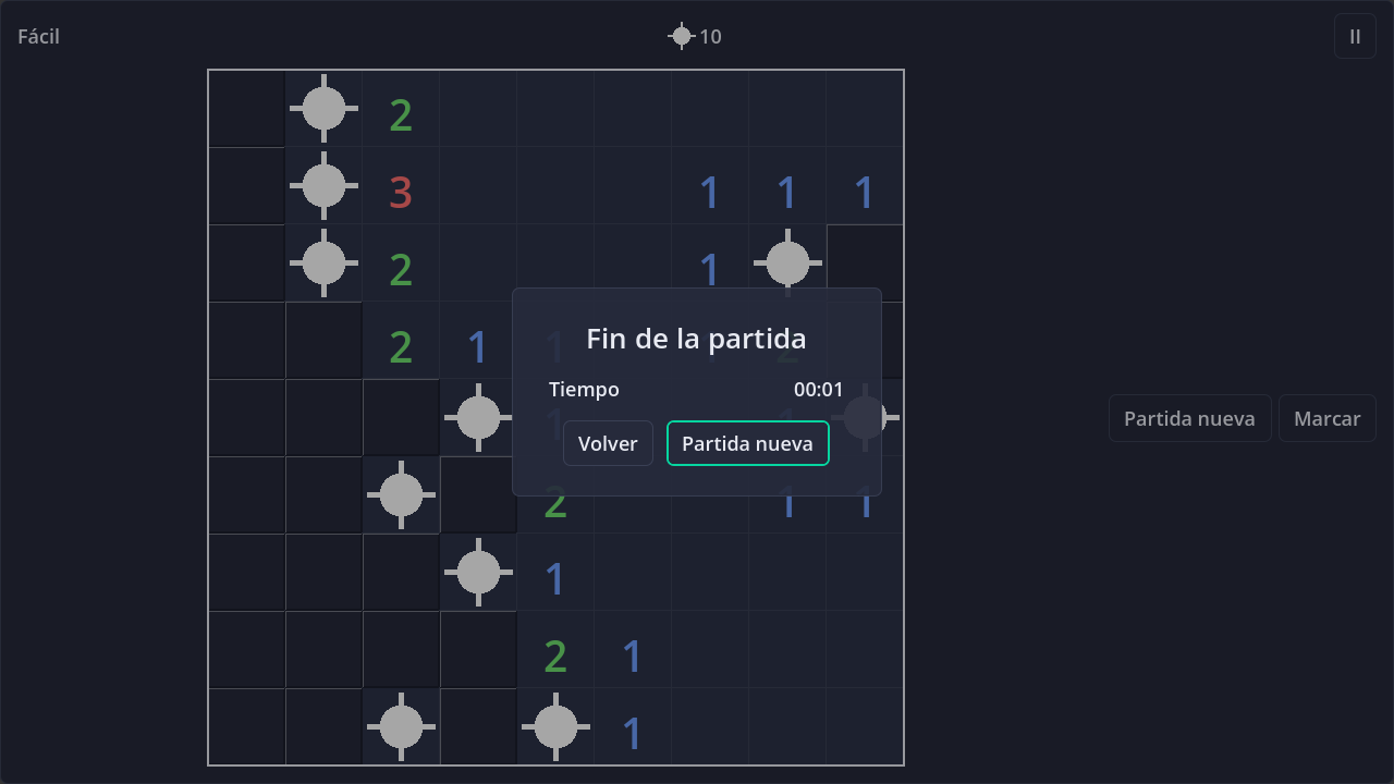 Screenshot of Minesweeper in dark theme
