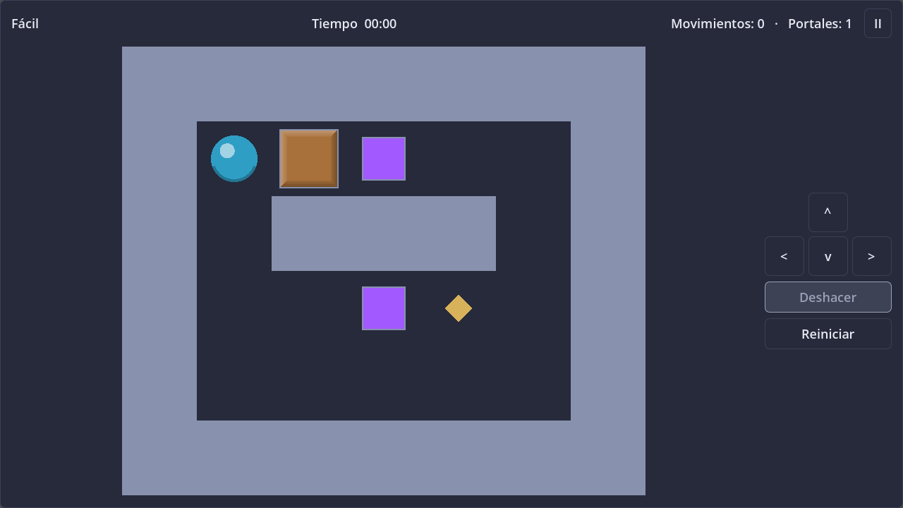 Screenshot of Sokoban with Portals in dark theme