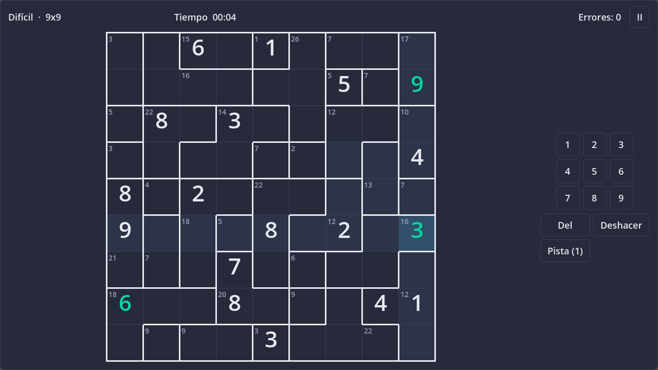 Screenshot of Killer Sudoku in dark theme