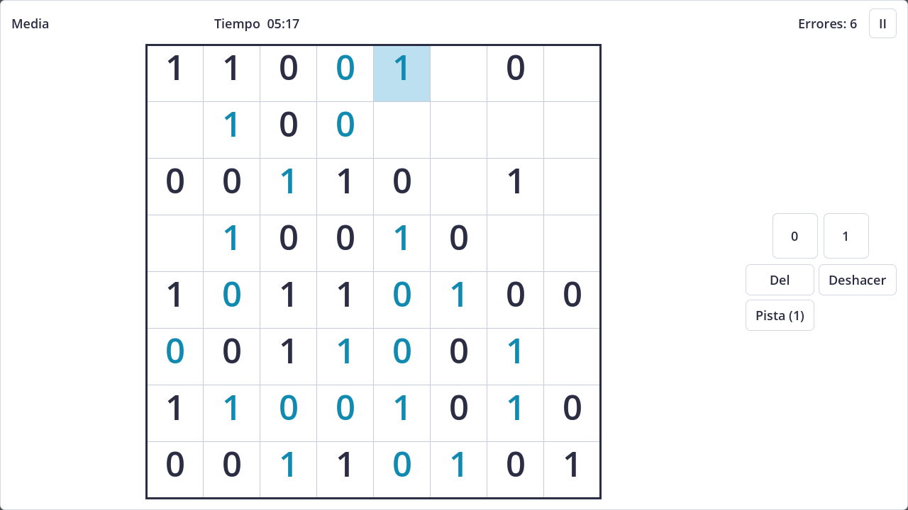 Screenshot of Takuzu (Binary / Binario) in light theme