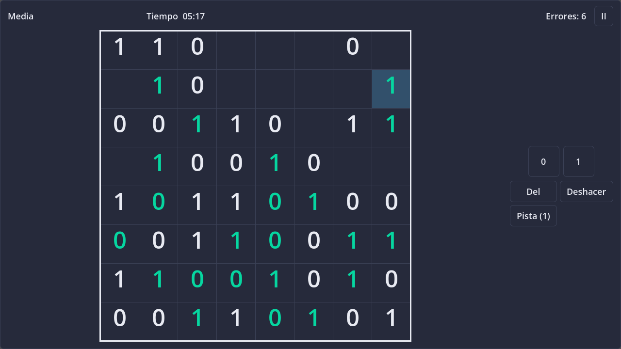Screenshot of Takuzu (Binary / Binario) in dark theme