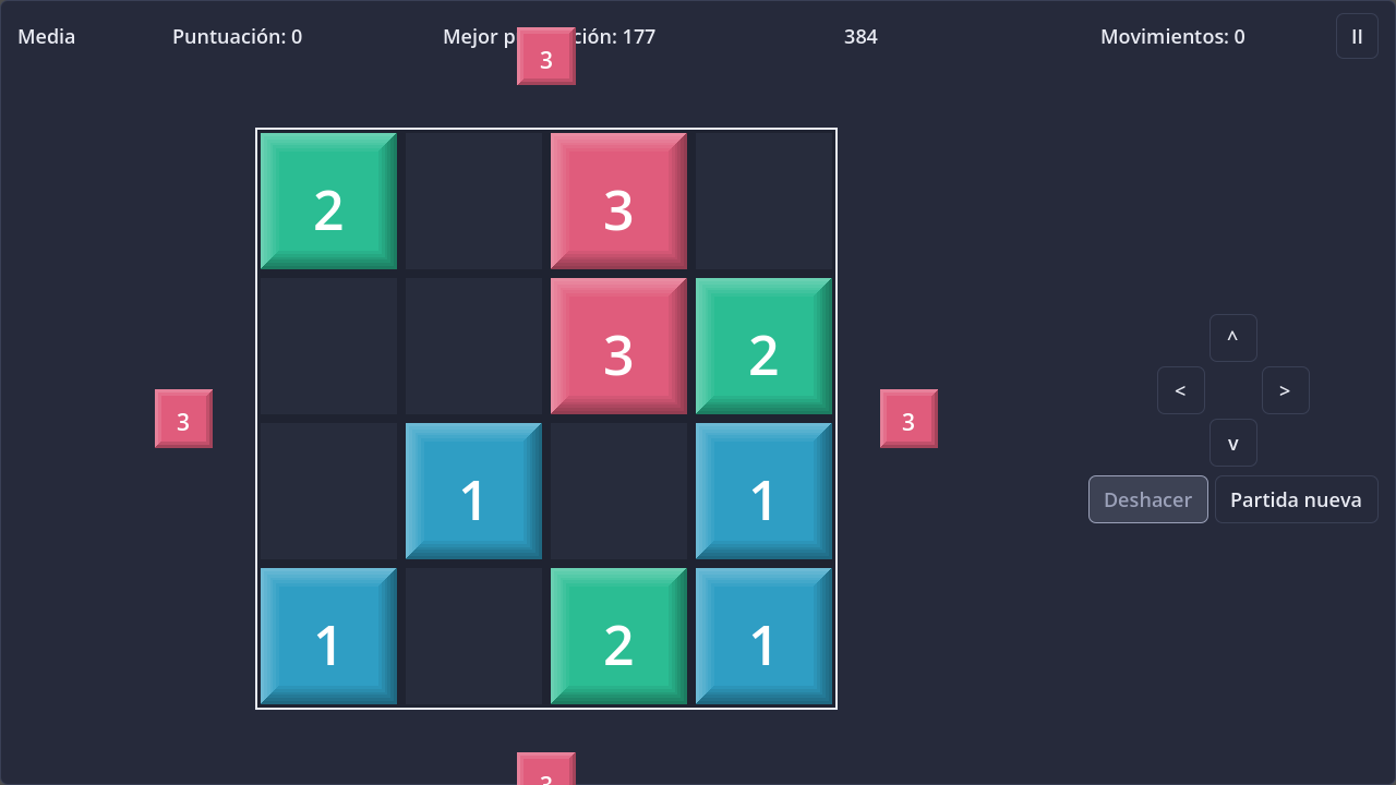 Screenshot of Threes! in dark theme